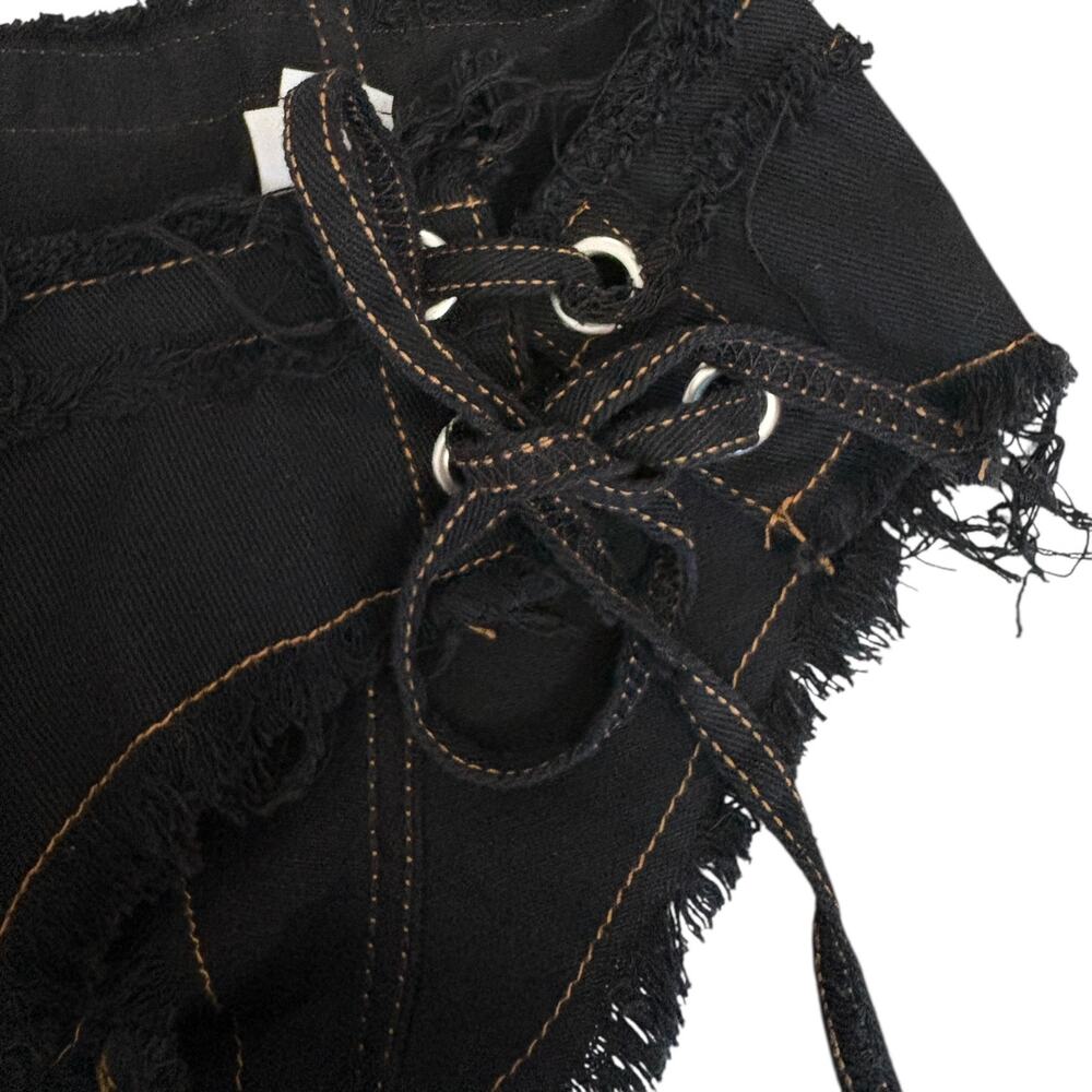 Y2K Black Low Rise Lace Up Hot Pants Raw Hem Festival Rave Grunge Shorts M - Picture 3 of 4